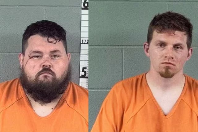 <p>Corey Parker (right) and Jonathon Goff (left) arrested after a wedding brawl in Indiana on 18 May </p>