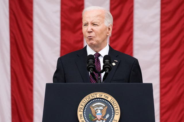 <p>U.S. President Joe Biden speaks during the National Memorial Day Wreath-Laying and Observance Ceremony at Arlington National Cemetery, in Arlington, Virginia, U.S., May 27, 2024</p>