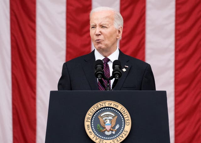 <p>U.S. President Joe Biden speaks during the National Memorial Day Wreath-Laying and Observance Ceremony at Arlington National Cemetery, in Arlington, Virginia, U.S., May 27, 2024</p>
