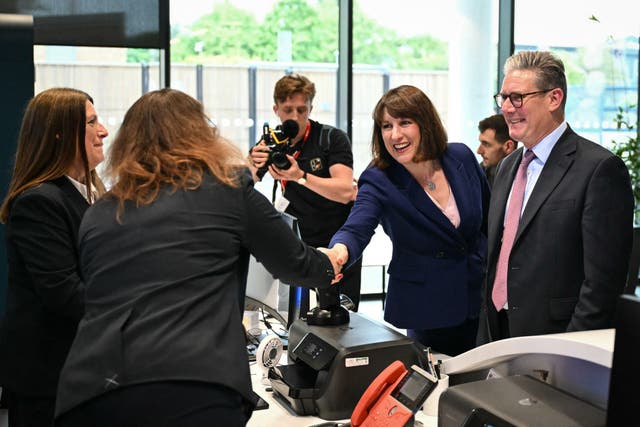 <p>Keir Starmer and Rachel Reeves, on a tour of Stevenage’s Airbus facility as part of Labour’s general election campaign – days after Rishi Sunak made a visit to the constituency</p>