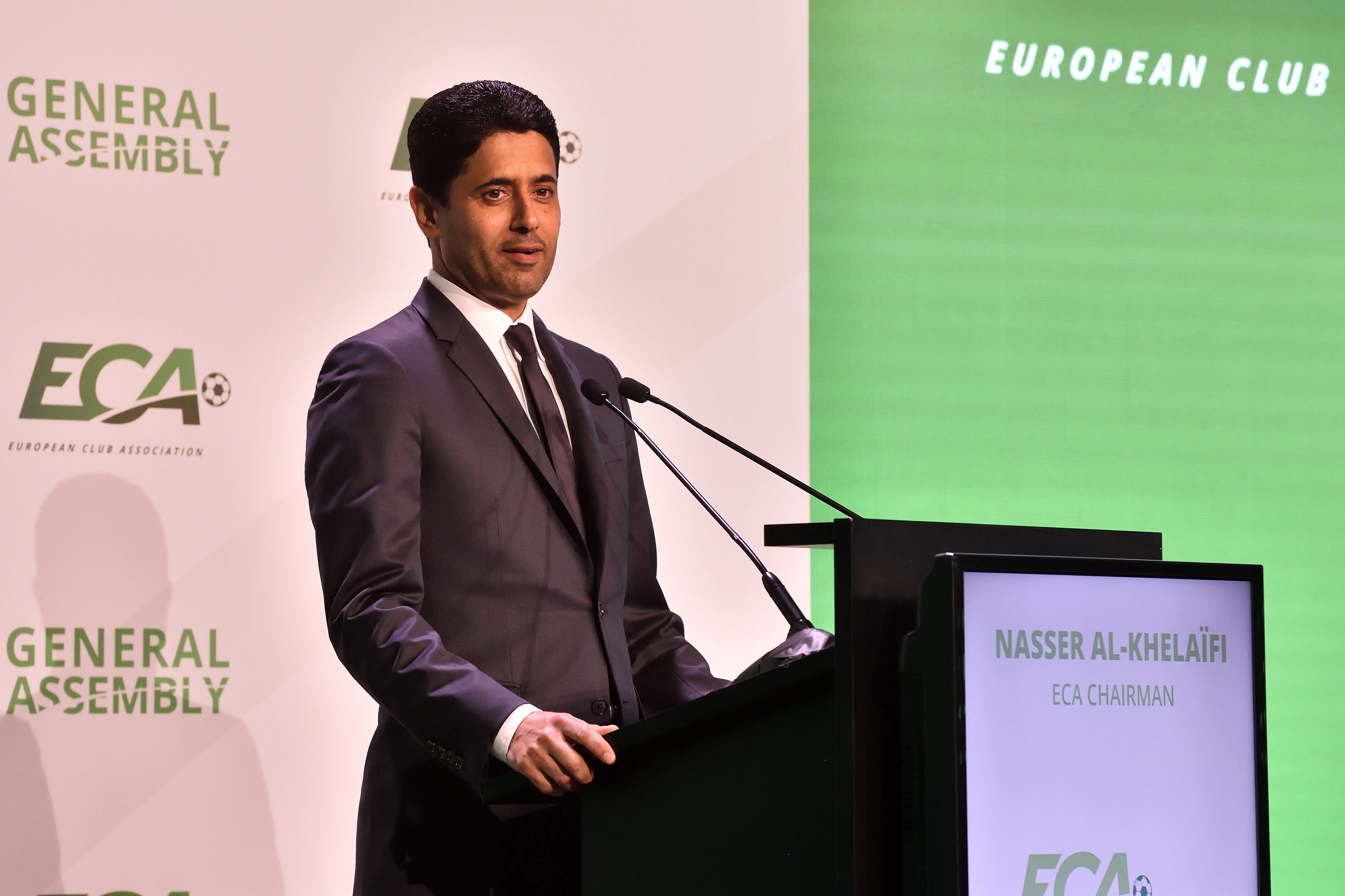 President Nasser Al Khelaifi addresses the General Assembly of European Club Association in Budapest