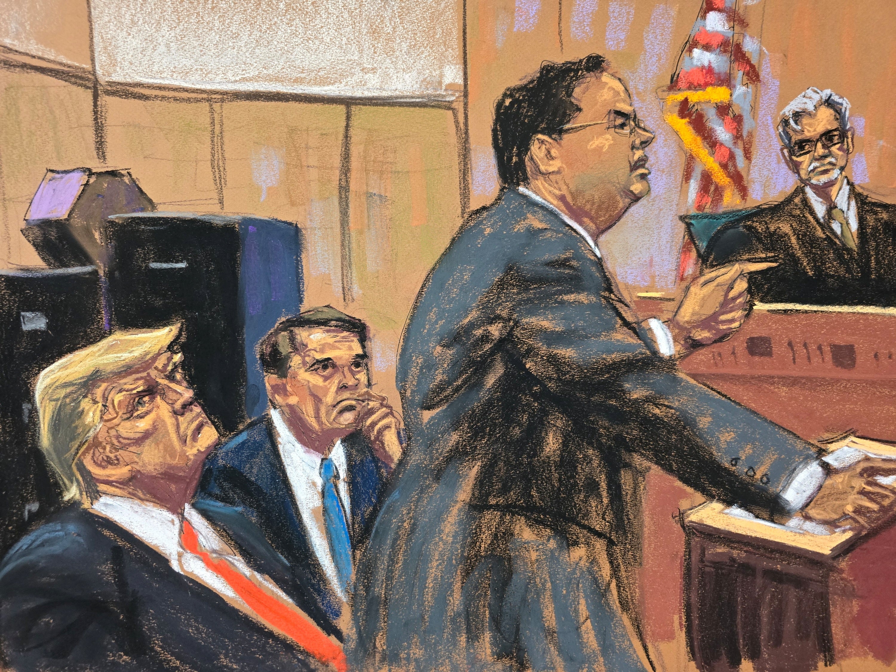 Defense lawyer Todd Blanche sits with former U.S. President Donald Trump as prosecutor Joshua Steinglass presents closing arguments while Justice Juan Merchan presides during Trump's criminal trial