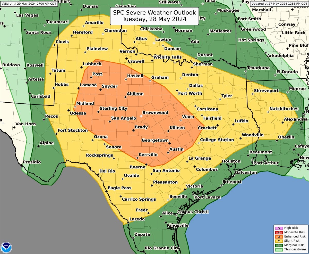 A National Weather Service map showing thunderstorm danger in Texas on May 28.