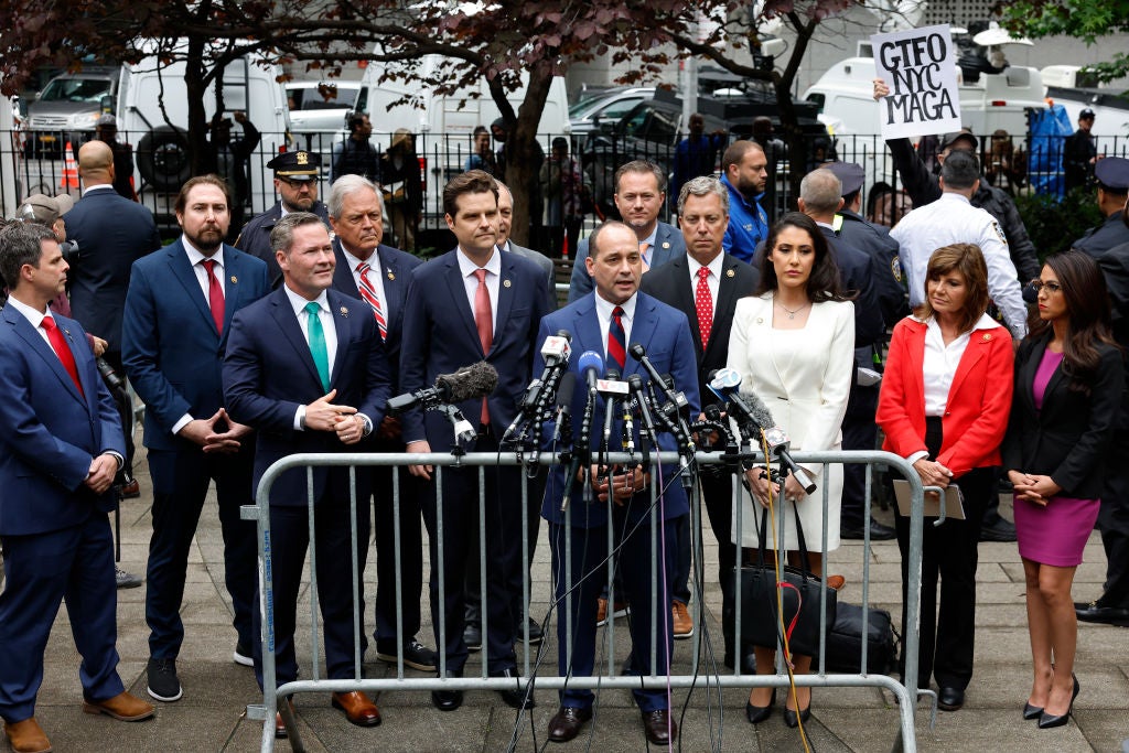 Virginia Rep Bob Good speaks to reporters while flanked by other Republican members of Congress outside of a Manhattan courtroom in New York where Donald Trump is on trial for a hush money scheme