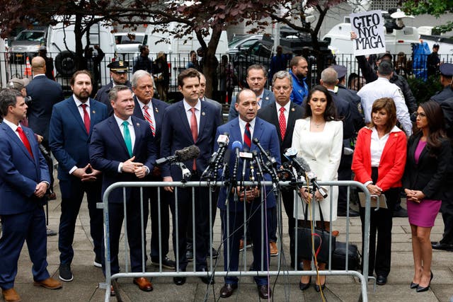 <p>Virginia Rep Bob Good speaks to reporters while flanked by other Republican members of Congress outside of a Manhattan courtroom in New York where Donald Trump is on trial for a hush money scheme</p>