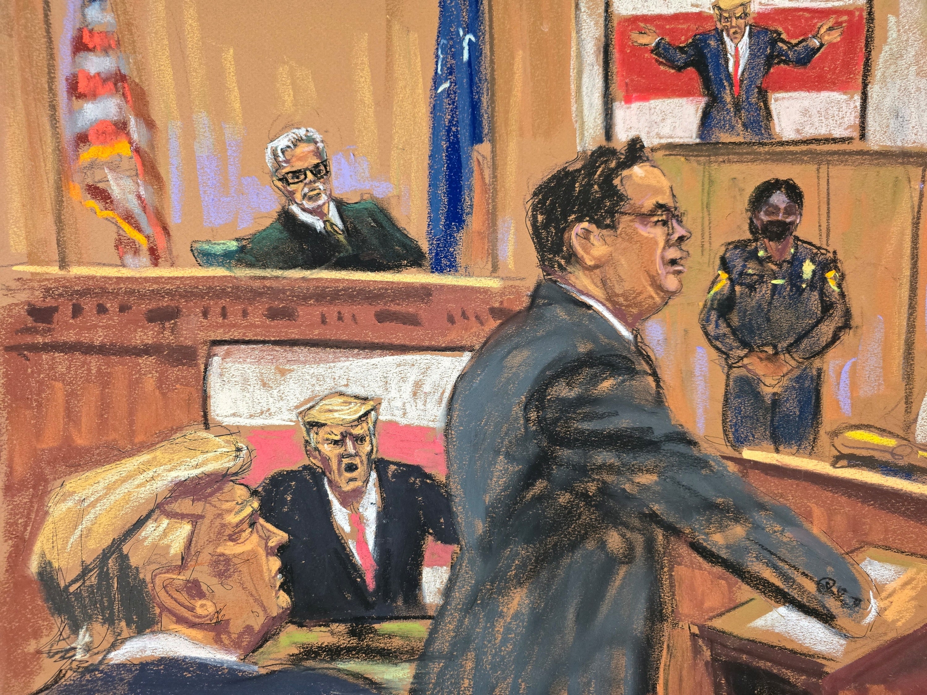 A courtroom sketch depicts Assistant District Attorney Joshua Steinglass delivering closing arguments in Donald Trump’s hush money trial on May 28 as the former president looks on.