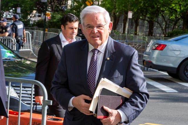 <p>Senator Robert Menendez, pictured on 28 May, is currently on trial for bribery in New York federal court </p>
