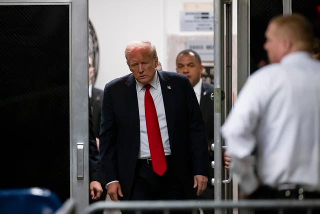 Republican presidential candidate and former U.S. President Donald Trump returns from a break, as his criminal trial over charges that he falsified business records to conceal money paid to silence porn star Stormy Daniels in 2016 continues, at Manhattan state court in New York City, USA, 28 May 2024