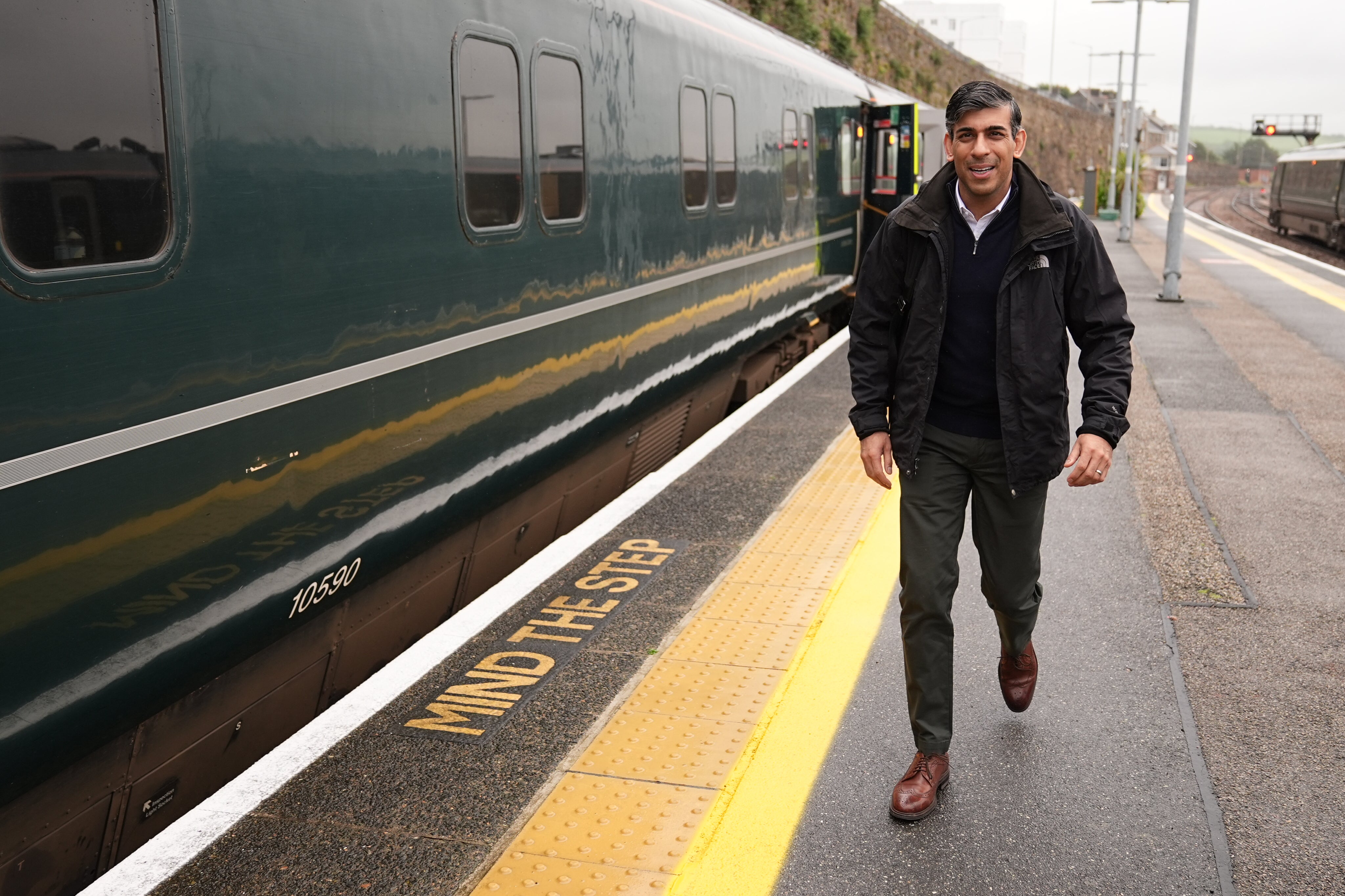 Prime Minister Rishi Sunak arrives at a train station in Cornwall on day 6 of the General Election campaign trail