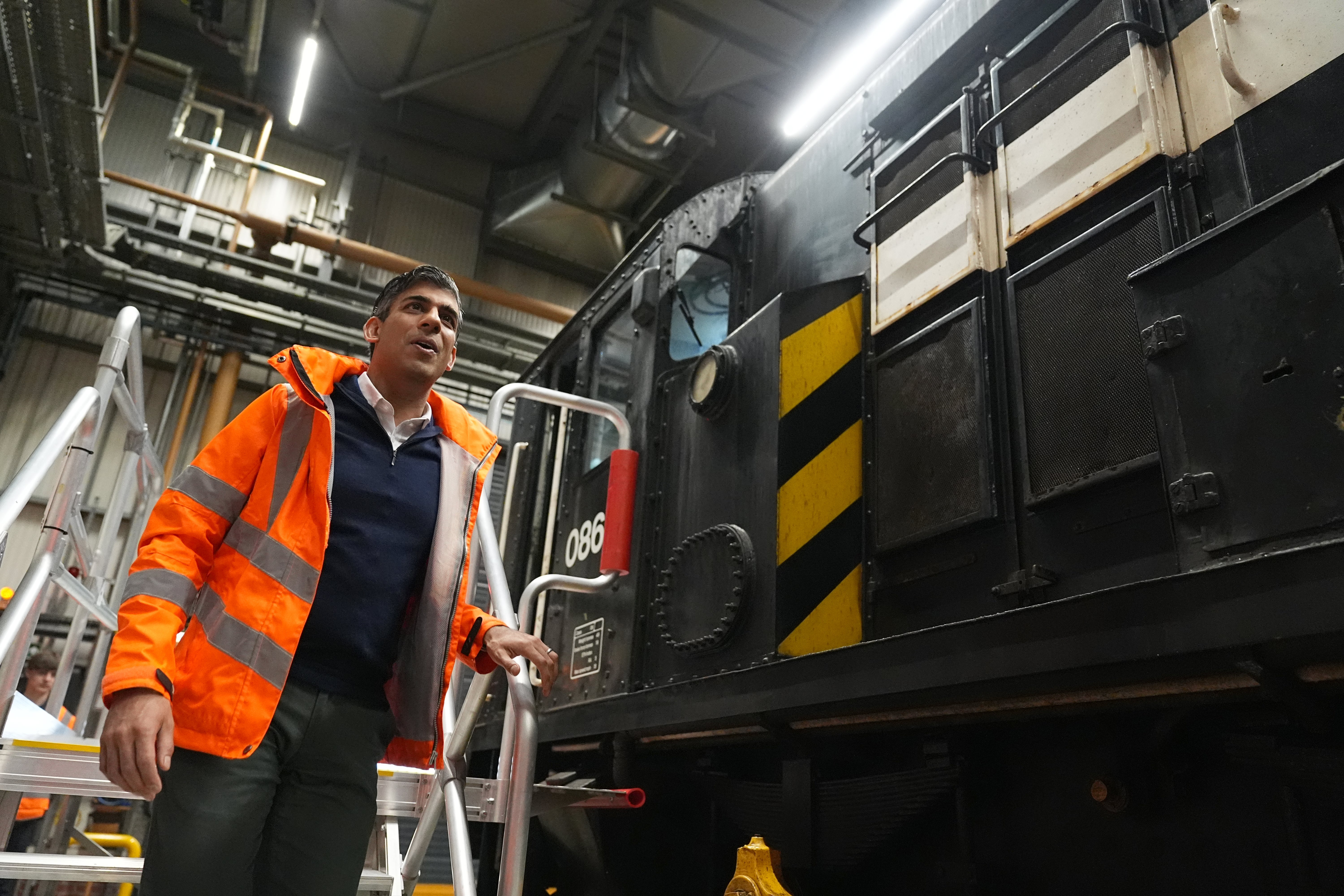 Rishi Sunak during his visit to the GWR railway traction maintenance depot in Penzance
