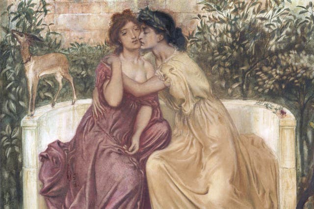 <p>Sappho embraces her fellow poet Erinna in a garden at Mytilene, on the island of Lesbos</p>