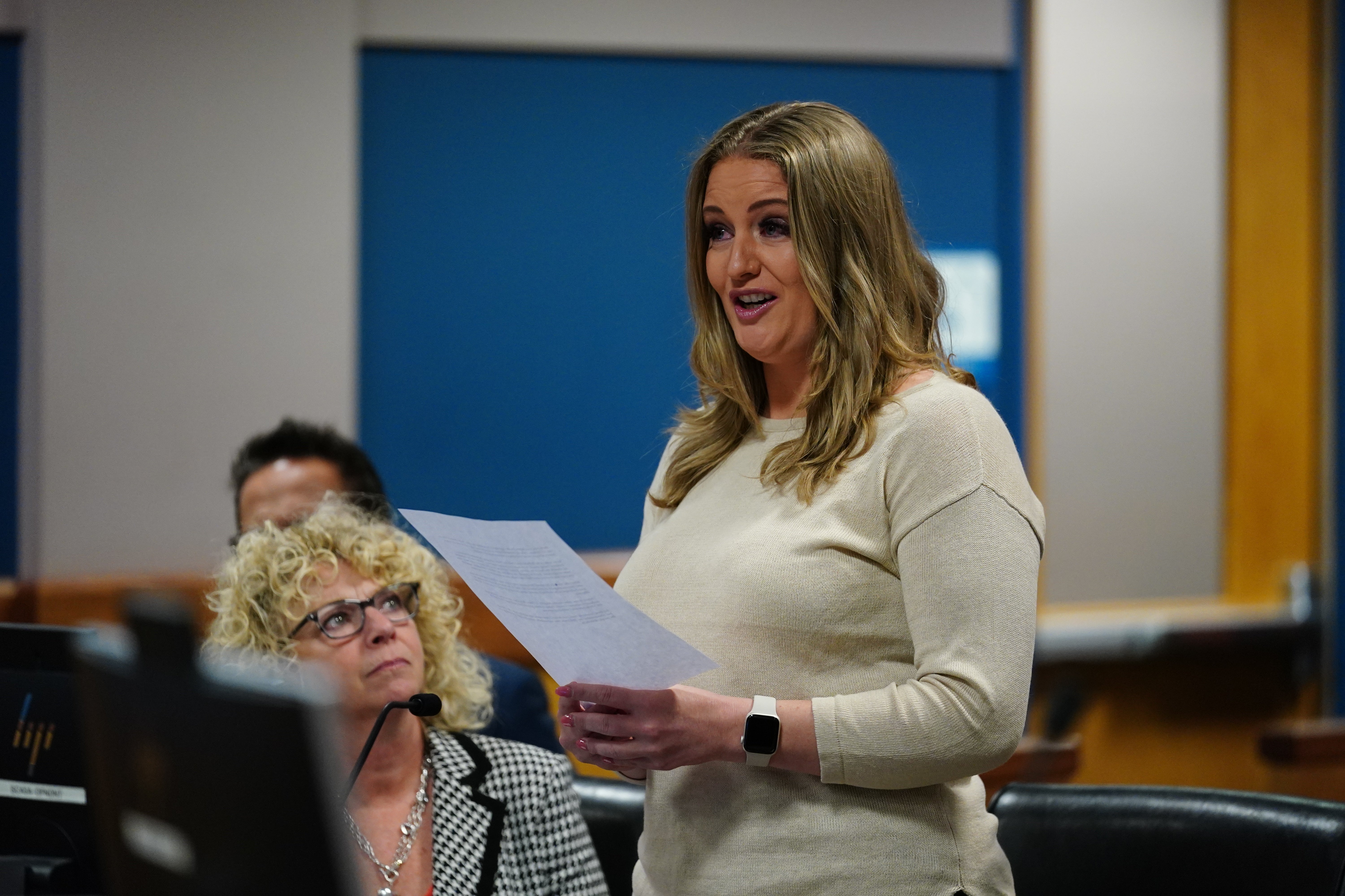 Jenna Ellis reads a statement after pleading guilty to a felony count of aiding and abetting false statements and writings, inside Fulton Superior Court Judge Scott McAfee’s Fulton County Courtroom at the Fulton County Courthouse October 24, 2023 in Atlanta, Georgia