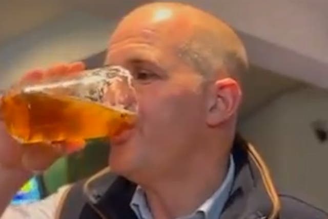 <p>Tory MP downs pint as he sums up what national service is: ‘One pint, one policy’.</p>