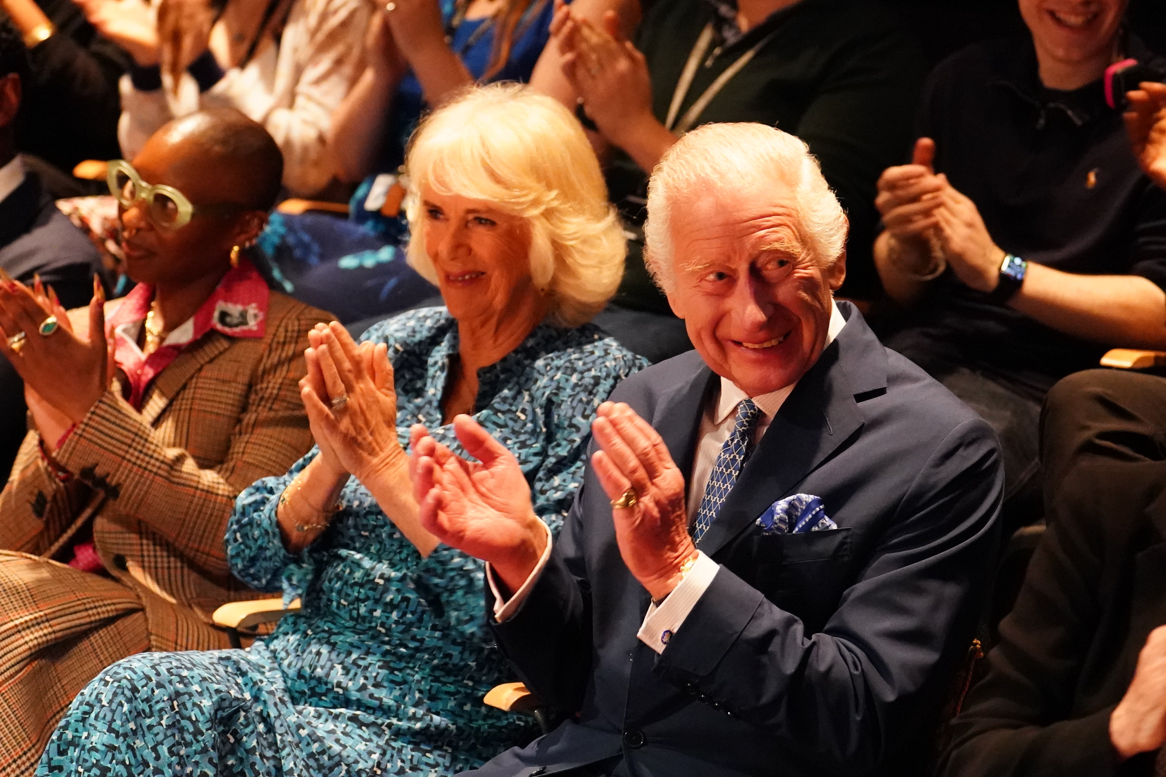 King Charles III, Patron of the Royal Academy of Dramatic Art (RADA), and Queen Camilla,