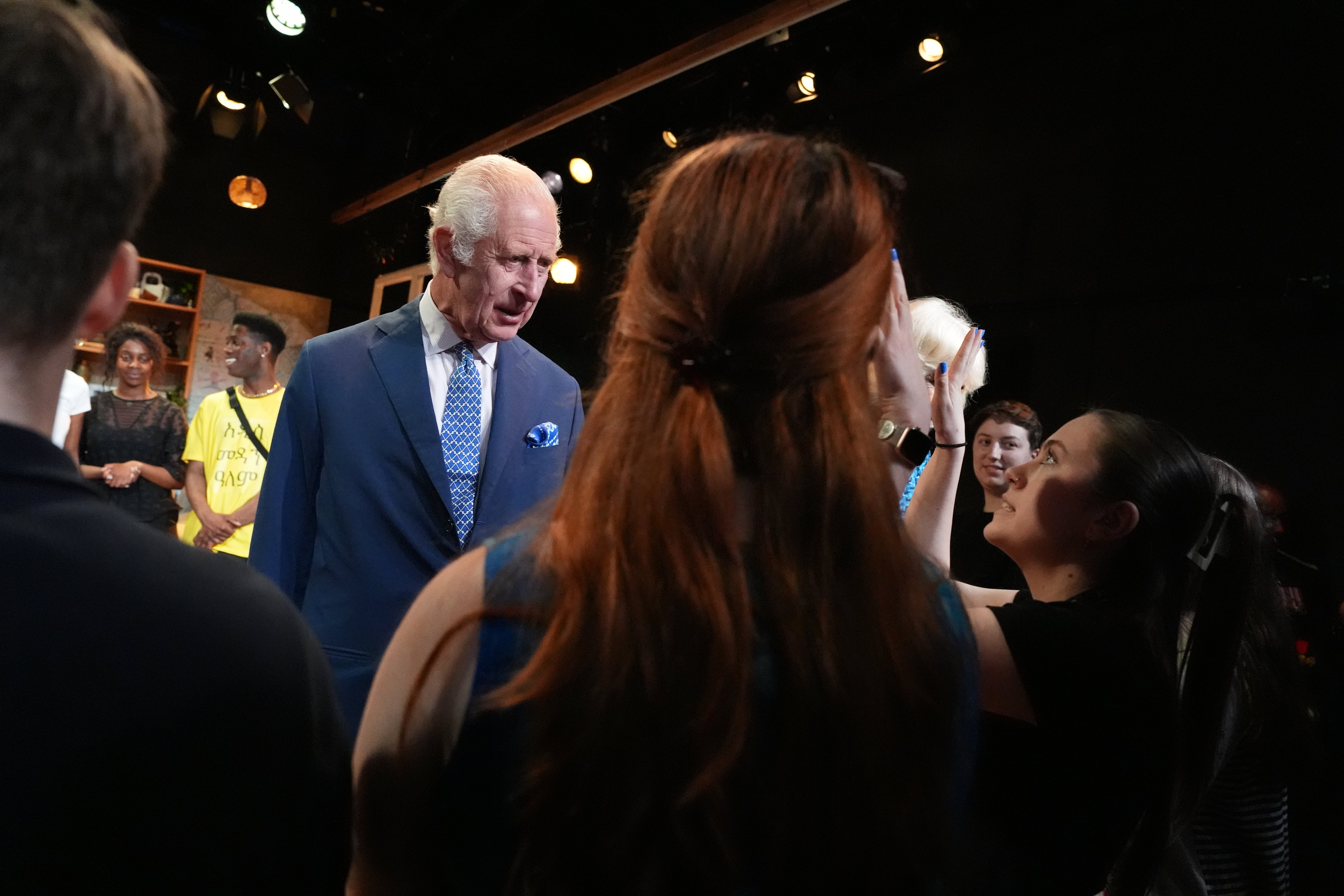 King Charles III, Patron of the Royal Academy of Dramatic Art (RADA), and Queen Camilla, speaking to students
