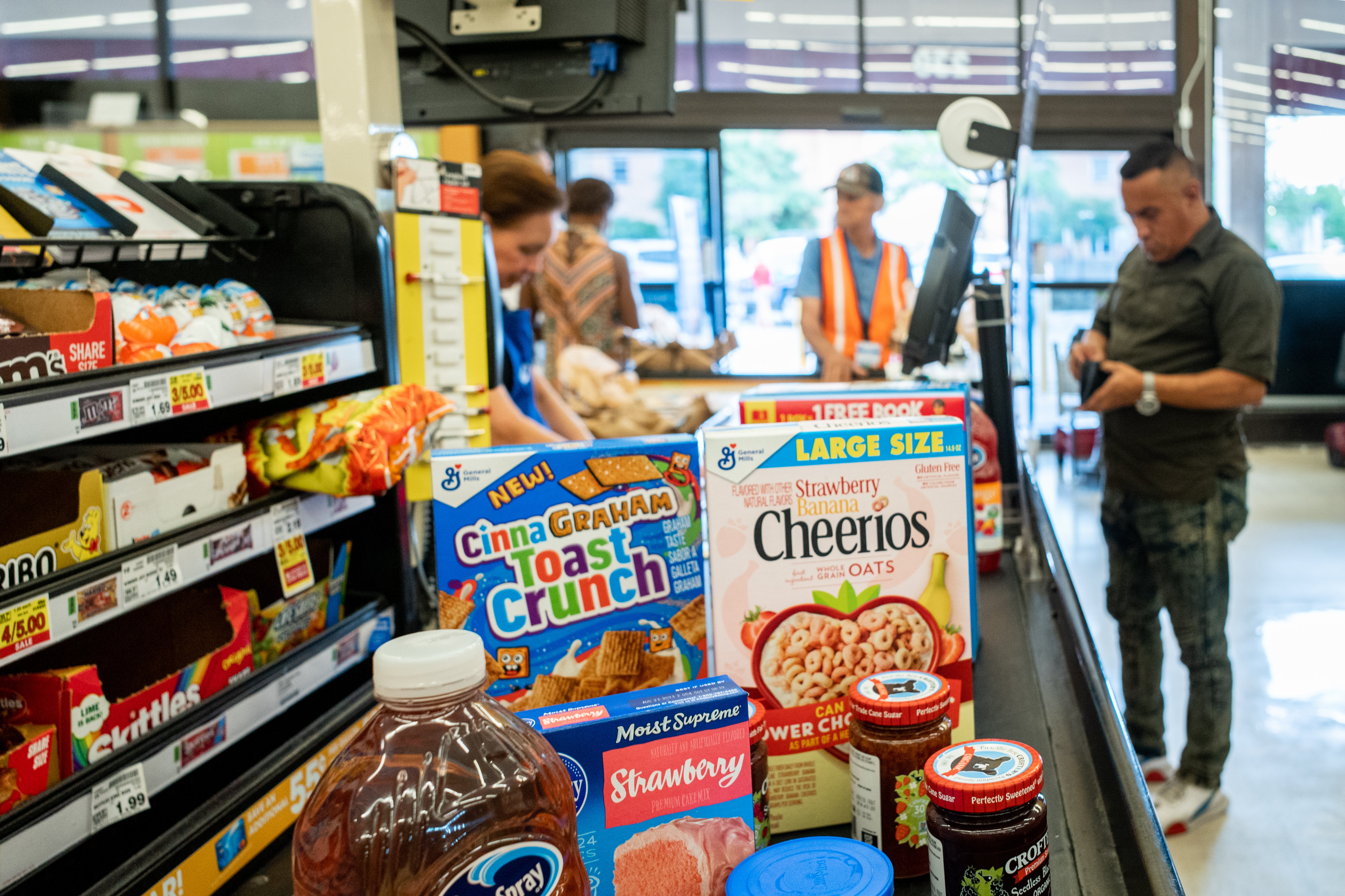 Name-brand cereals pictured at an Kroger checkout. Name brand general merchandise sales fell over the last year while store brand sales rose by roughly 5 percent
