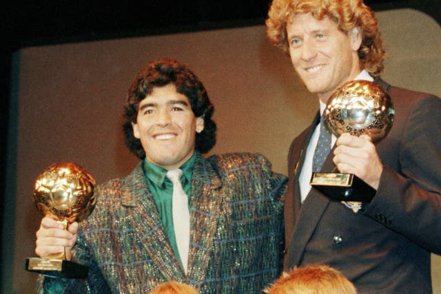 <p>Diego Maradona (left) was presented with the Golden Ball after the 1986 World Cup </p>