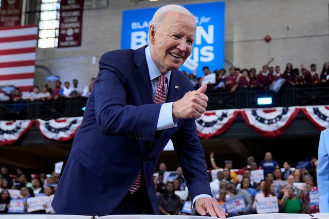 <p>President Joe Biden gives a thumbs up after speaking during a campaign event at Girard College on May 29</p>