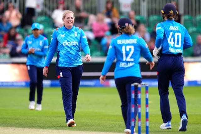 Sophie Ecclestone is all smiles after she was able to spin England to victory over Pakistan at Chelmsford (John Walton/PA)