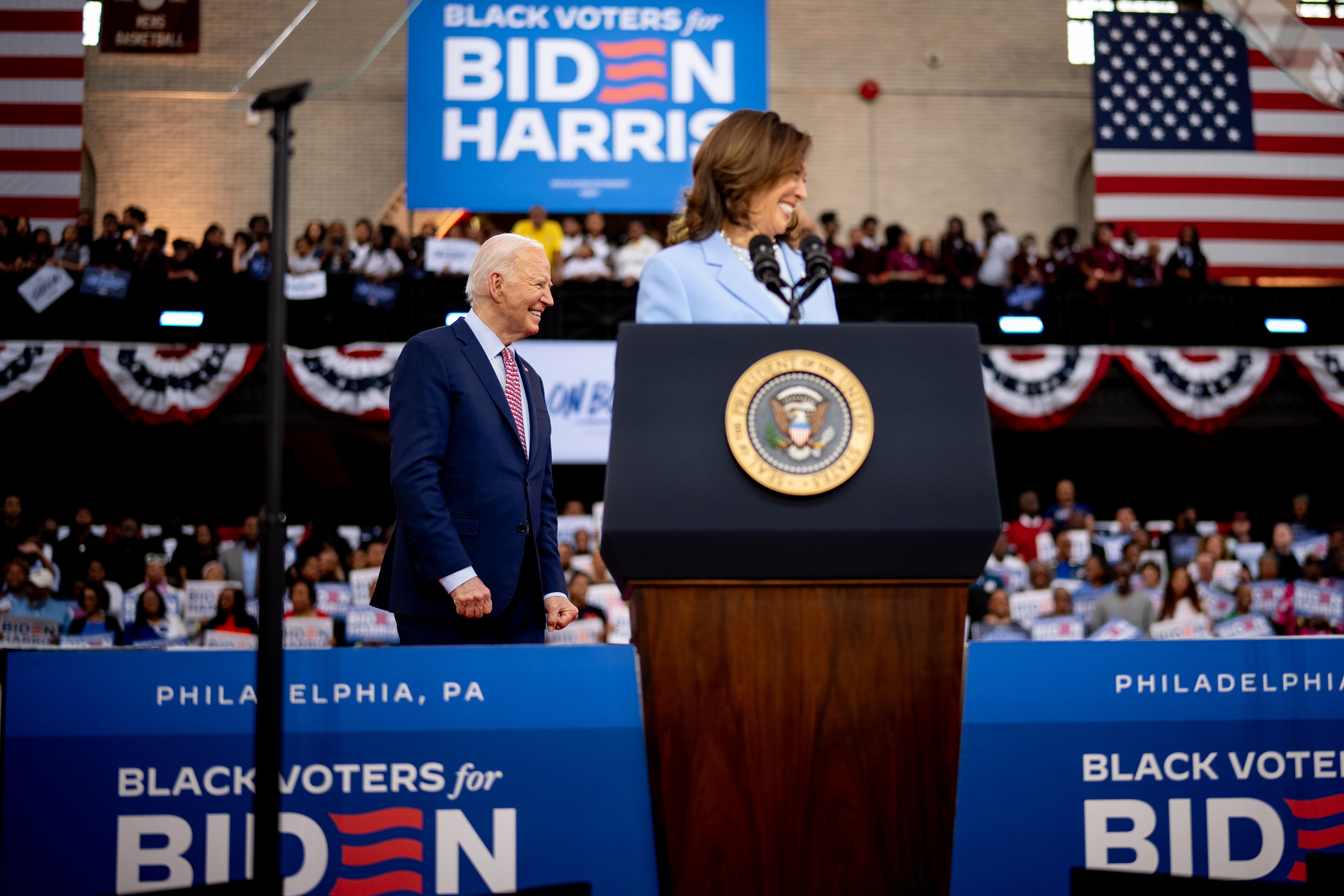 PHILADELPHIA, PENNSYLVANIA - MAY 29: U.S. Vice President Kamala Harris introduces U.S. President Joe Biden during a campaign rally at Girard College on May 29, 2024 in Philadelphia, Pennsylvania. Biden and Harris are using today's rally to launch a nationwide campaign to court black voters, a group that has traditionally come out in favor of Biden, but their support is projected lower than it was in 2020. (Photo by Andrew Harnik/Getty Images)