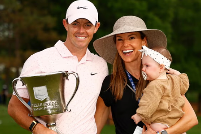 <p>Rory McIlroy celebrates with his wife Erica and daughter Poppy after winning the 2021 Wells Fargo Championship. The golfer filed for divorce earlier this month</p>