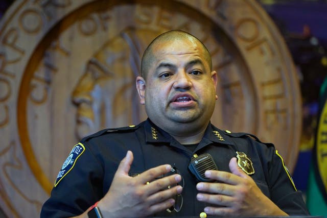 <p>Then-Interim Seattle Police Chief Adrian Diaz addresses a news conference in Seattle, on Sept. 2, 2020. Seattle’s embattled police chief has been dismissed, Mayor Bruce Harrel said Wednesday</p>