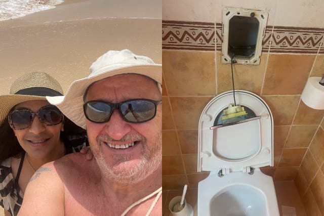 <p>Clive Murray and his wife, Rosie, on holiday – and the damaged toilet </p>