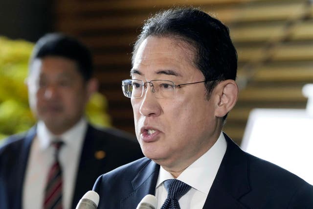 <p>Japan’s prime minister Fumio Kishida speaks to reporters following North Korea’s missile launch</p>