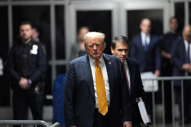 Former President Donald Trump, with his attorney Todd Blanche at his side, speaks to the media as the jury deliberates in this trial at Manhattan Criminal Court, Wednesday, May 29, 2024, in New York