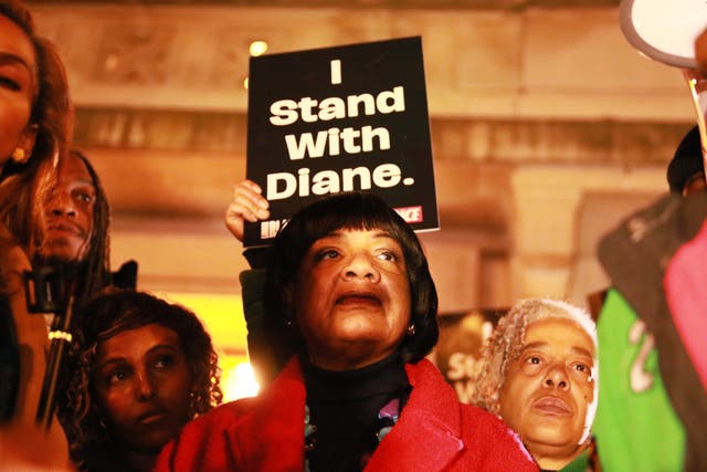 <p>Diane Abbott at a rally in Hackney, in front of a placard that reads “I stand with Diane”, March 15, 2024</p>