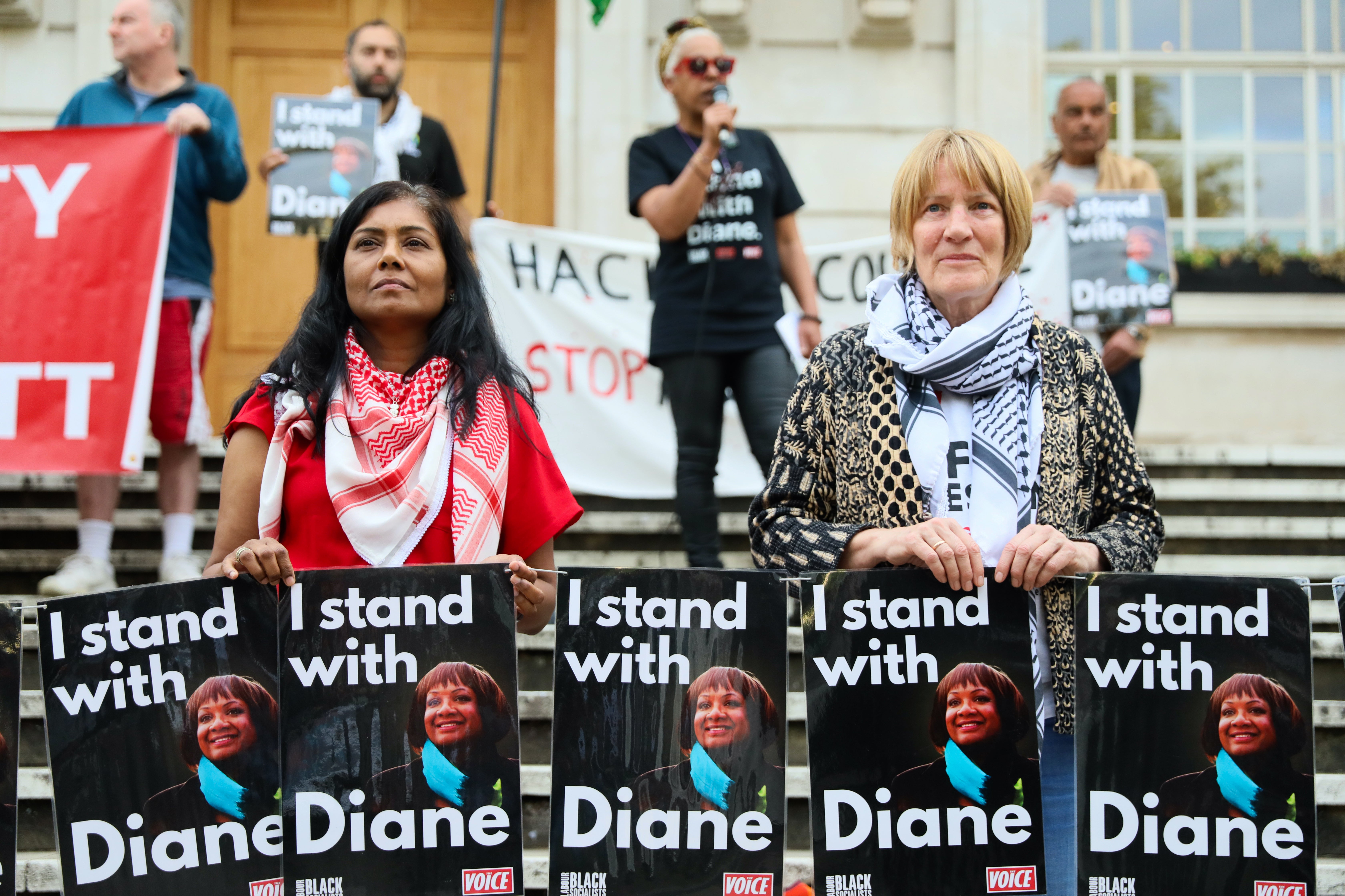 Protestors gather outside Hackney Town Hall in support of Diane Abbott on May 29, 2024