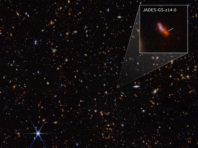 <p>This infrared image from NASA’s James Webb Space Telescope (also called Webb or JWST) was taken by the NIRCam (Near-Infrared Camera) for the JWST Advanced Deep Extragalactic Survey, or JADES, program</p>