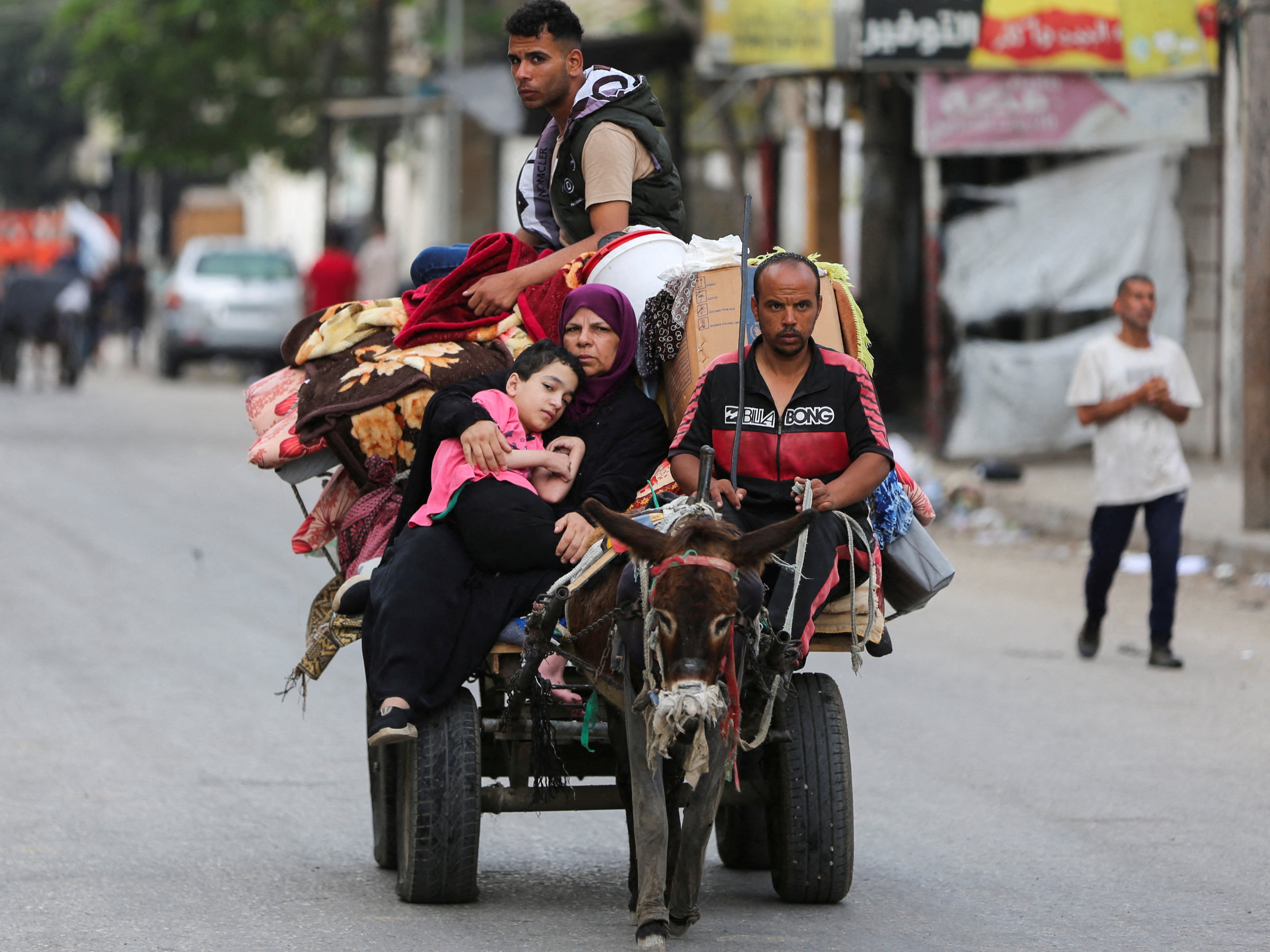 Palestinians flee Rafah due to an Israeli military operation, in Rafah, in the southern Gaza Strip.