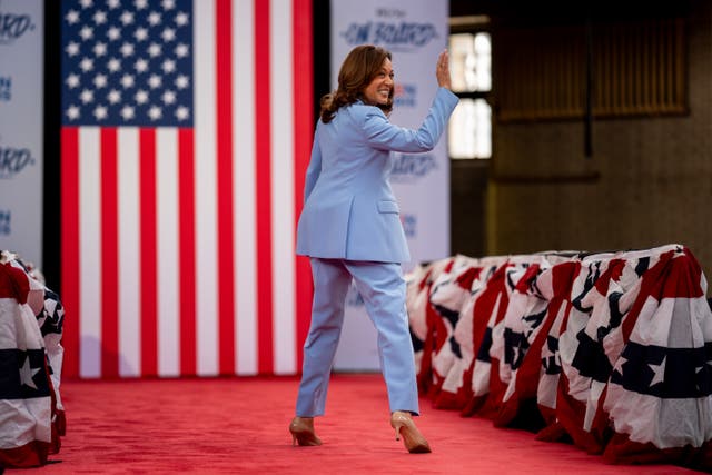 <p>Vice President Kamala Harris waves as she steps off stage after introducing President Joe Biden during a campaign rally at Girard College on May 29, 2024 in Philadelphia, Pennsylvania</p>