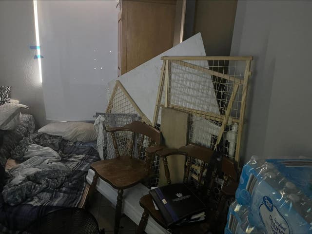 <p>Police say James Spiess and Rebecca Worthington trapped their child inside a closet, pictured, by barricading the door with furniture. They are now facing child neglect charges</p>