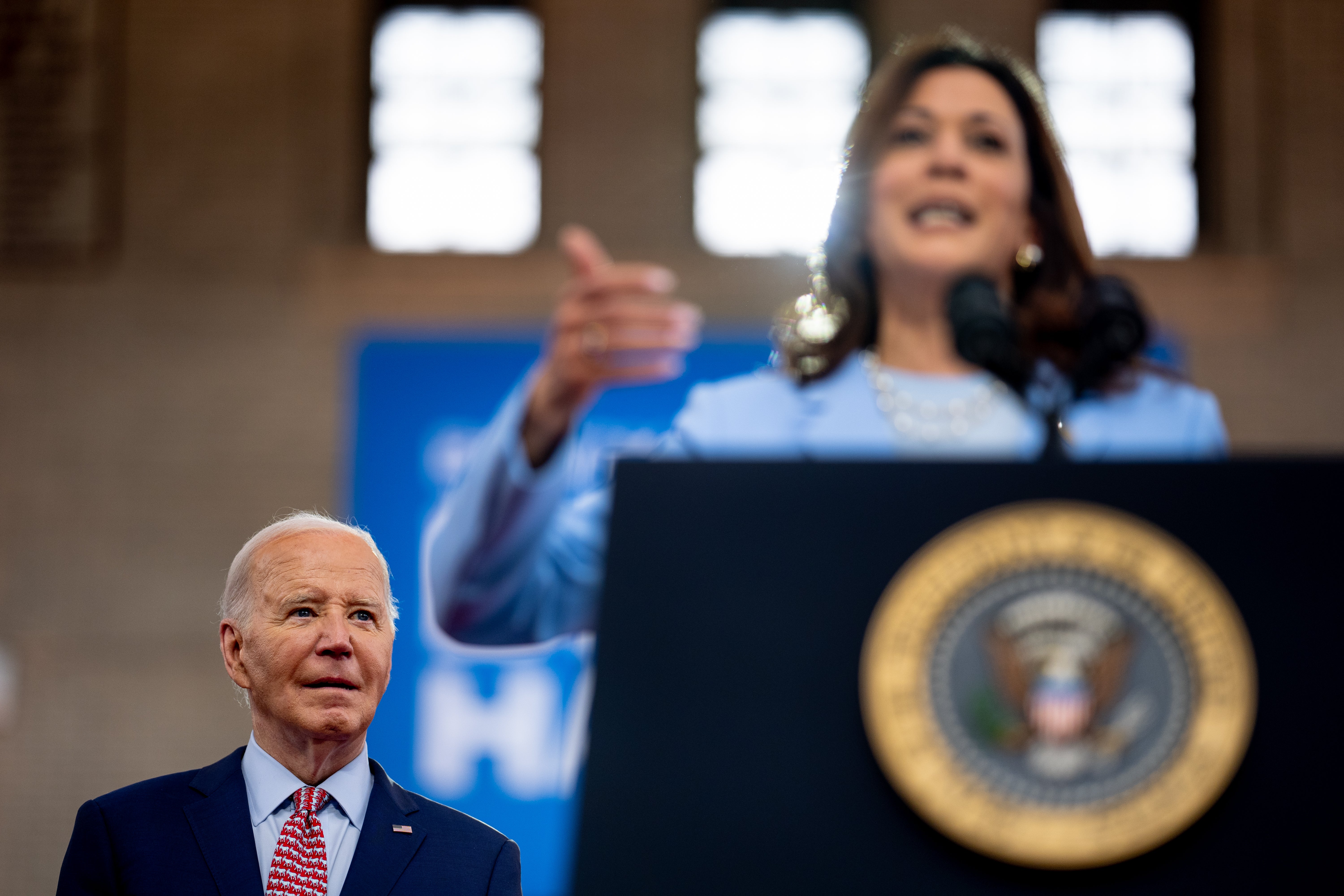 Vice President Kamala Harris introduces President Joe Biden during a campaign rally at Girard College on May 29, 2024 in Philadelphia, Pennsylvania