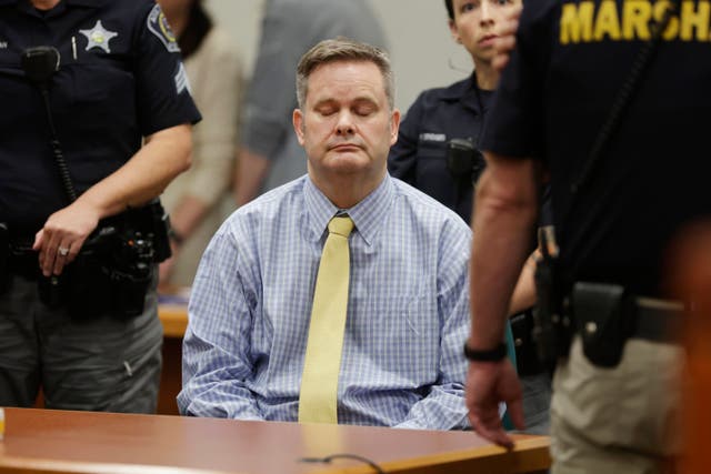 <p>Chad Daybell closes his eyes after the jury's guilty verdict in his murder trial at the Ada County Courthouse in Boise, Idaho, on May 30 </p>