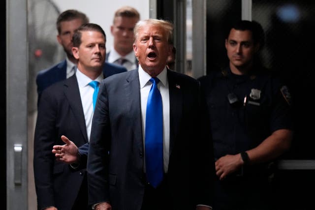 <p>Trump speaks to the media during his criminal trial at Manhattan Criminal Court in New York City, on May 30</p>