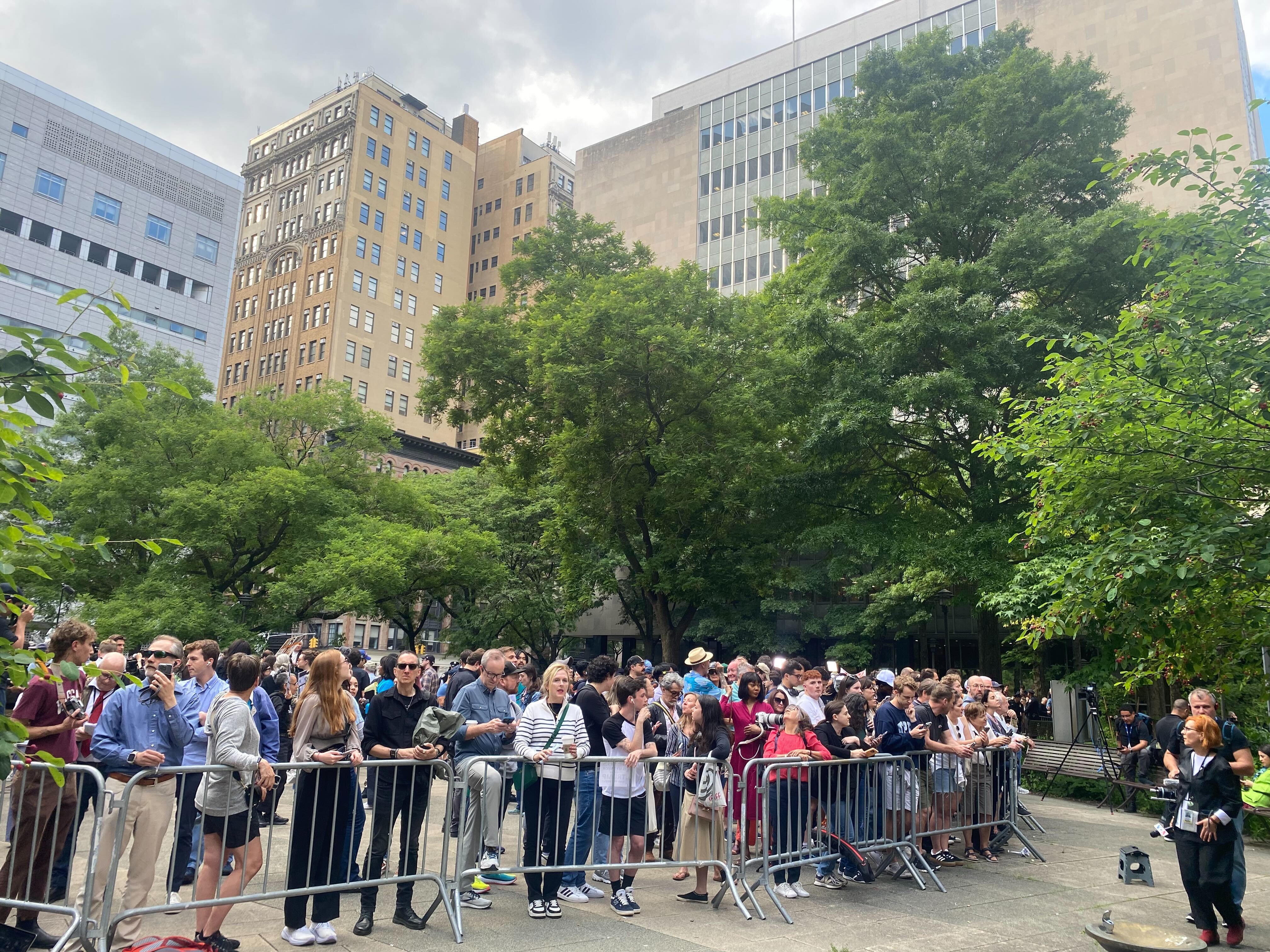 Crowds gather outside the Manhattan courthouse moments after Donald Trump was convicted of 34 counts of falsifying business records