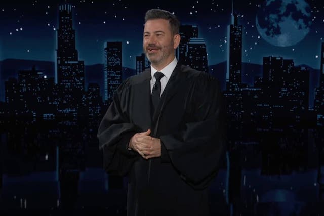 <p>Jimmy Kimmel dons a judge’s robe as he mocks Donald Trump after the former president’s 34 felony convictions</p>