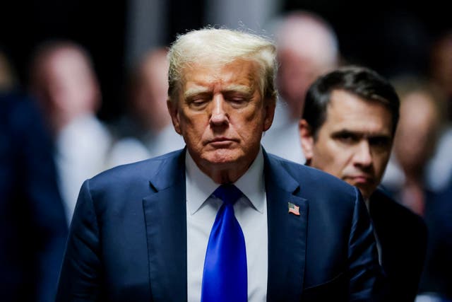 <p>Former US President and Republican presidential candidate Donald Trump walks to speak to the press after he was convicted in his criminal trial at Manhattan Criminal Court in New York City, on May 30, 2024</p>