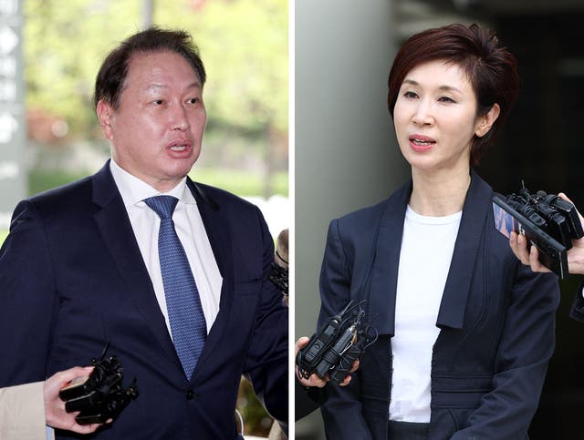 <p>SK Group chairman Chey Tae-won and his former wife Roh So-young</p>