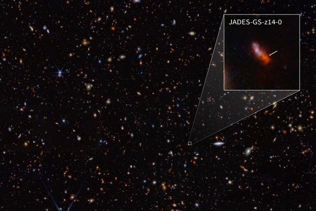 Using the James Webb Space Telescope, scientists have found a record-breaking galaxy observed only 290 million years after the Big Bang (Nasa/ESA/CSA/PA)