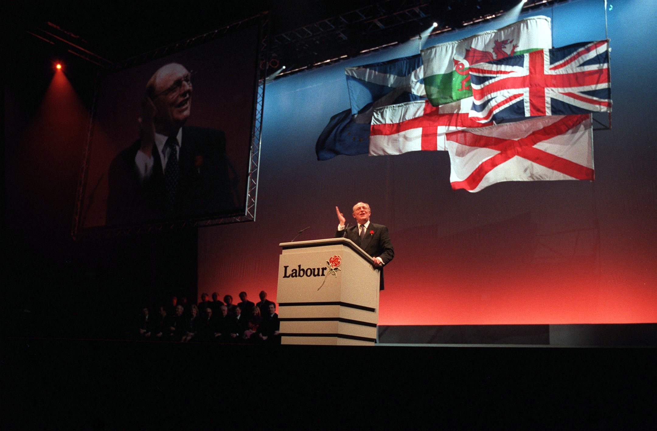 Neil Kinnock speaks at the Sheffield rally in 1992, where Labour’s triumphalism was followed by defeat at the election
