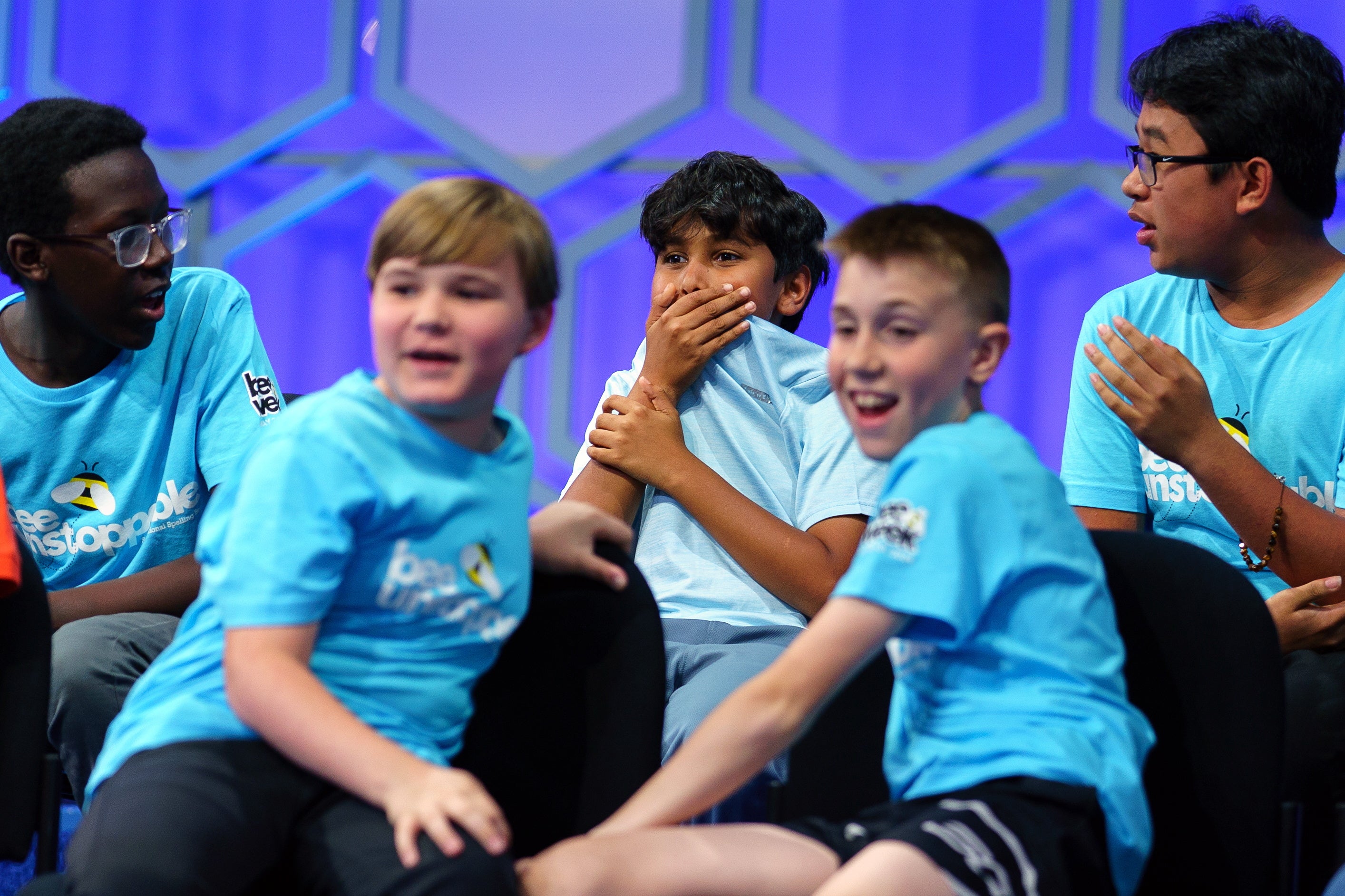 Participants reacts as Bruhat Soma from St. Petersburg, Florida, answers during the finals of the 96th Scripps National Spelling Bee in National Harbor, Maryland, USA, 30 May 2024