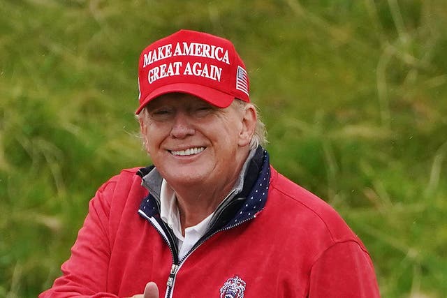 <p>Former US president Donald Trump on the 15th hole at Trump International Golf Links & Hotel in Doonbeg, Co. Clare, during his visit to Ireland (Brian Lawless/PA)</p>