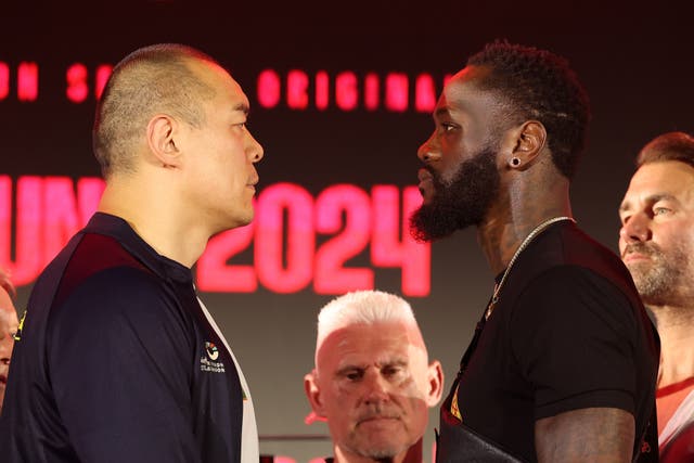 <p>Zhilei Zhang (left) and Deontay Wilder face off ahead of their heavyweight clash</p>