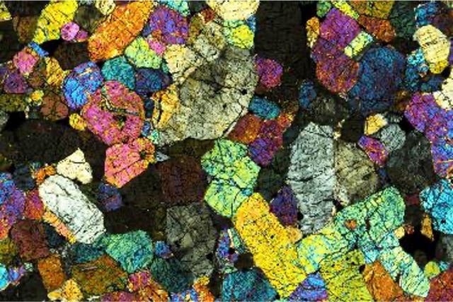 <p>The Chassigny meteorite in cross-polarized light</p>