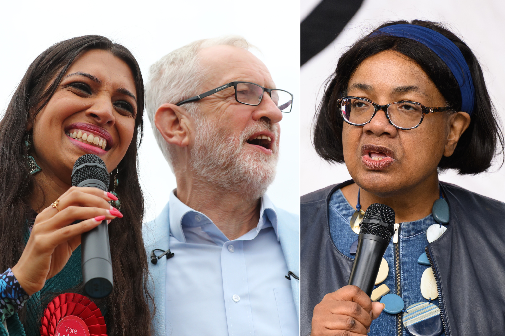 Faiza Shaheen, Jeremy Corbyn, and Diane Abbott (L to R)