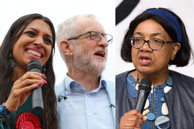 <p>Faiza Shaheen and Jeremy Corbyn at a 2019 rally; Diane Abbott in 2023</p>